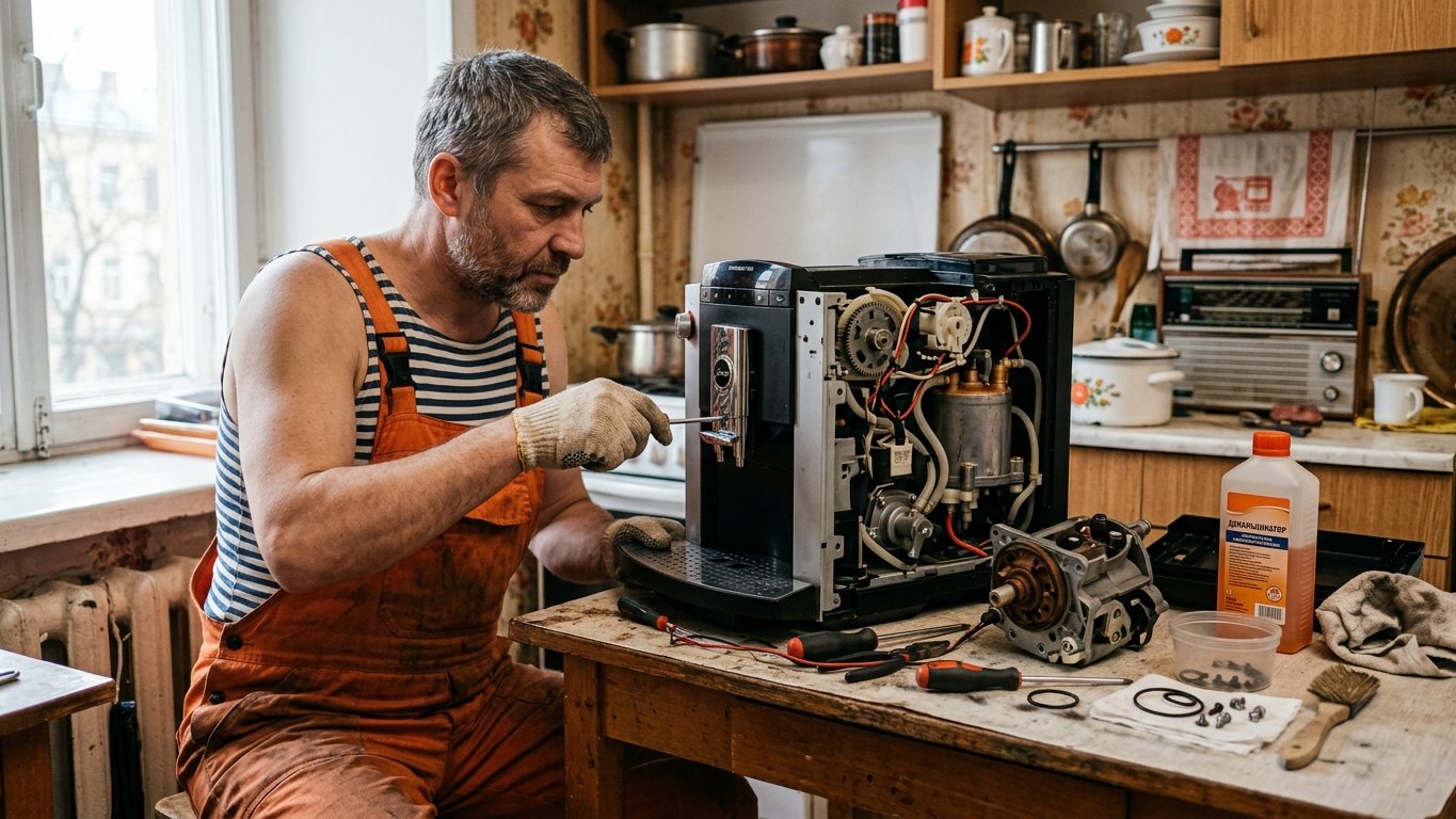 Фото: чистка кофемашины — мастер за работой